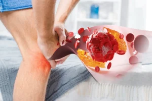 Illustration of arterial blockage in the leg showing blood clot and restricted blood flow, with a person holding their painful lower leg due to arterial leg ulcer.